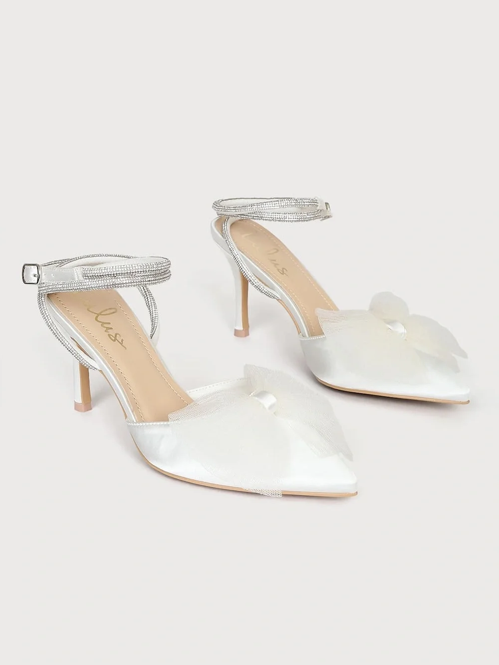 Lelanee White Satin Rhinestone Bow Ankle Strap Pumps by LuLus Size 9'